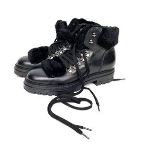 New Elena Solano Womens Black Leather Shearling Inside Combat Boots Sz 40 (9.5)